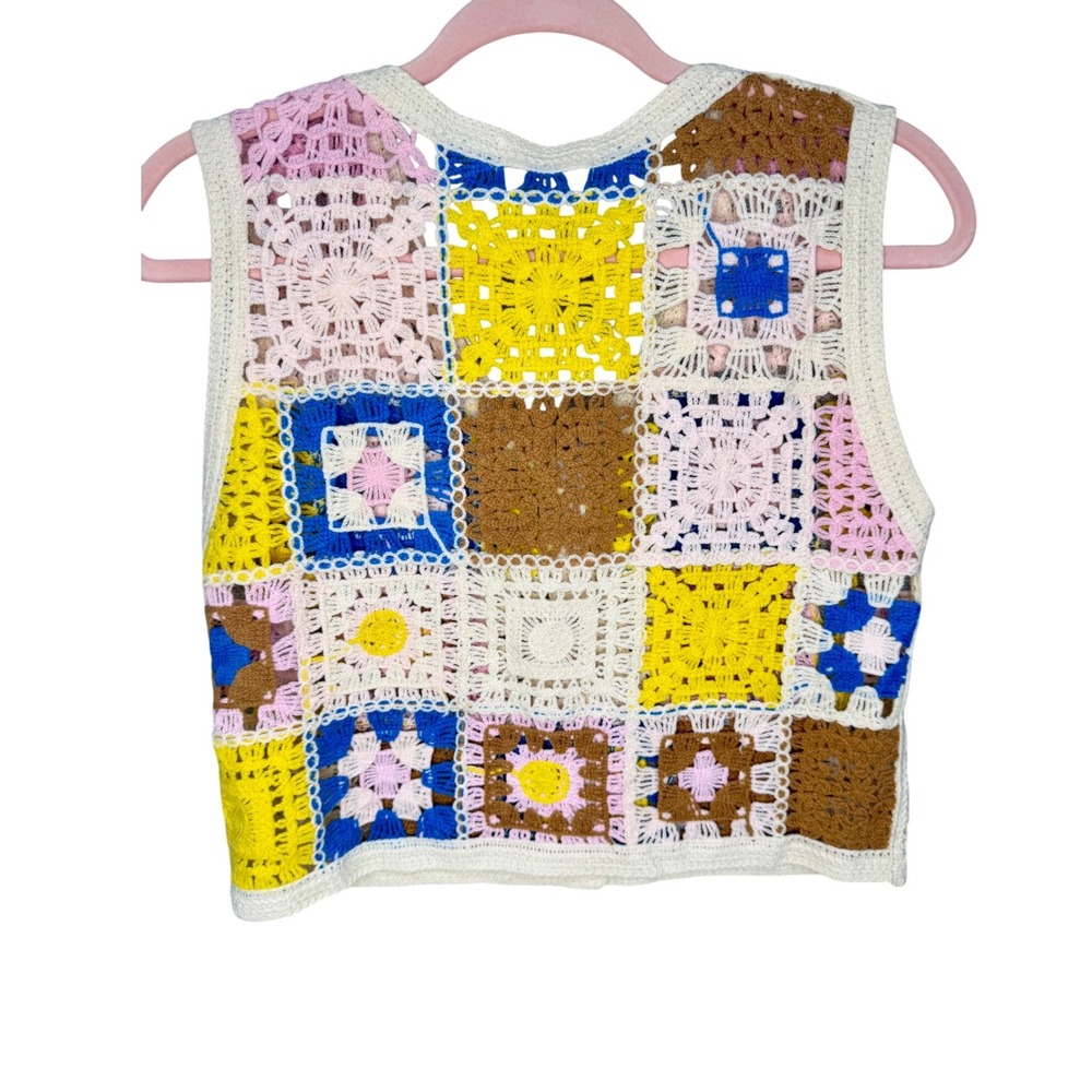 Eye Candy Crochet Granny Square Vest Multi-Color Button Front Boho Knit One Size - Picture 9 of 13